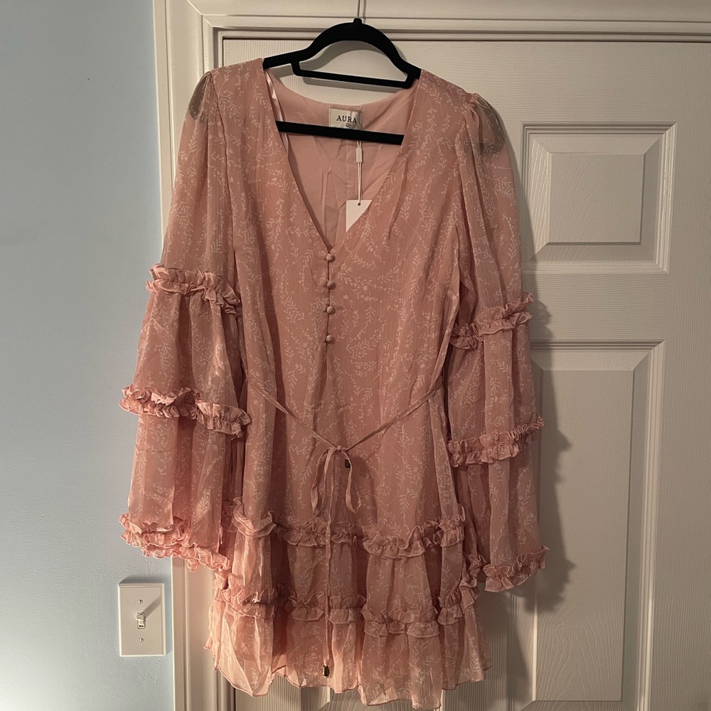 Pink chiffon AURA dress from red dress boutique-bell bottom sleeves